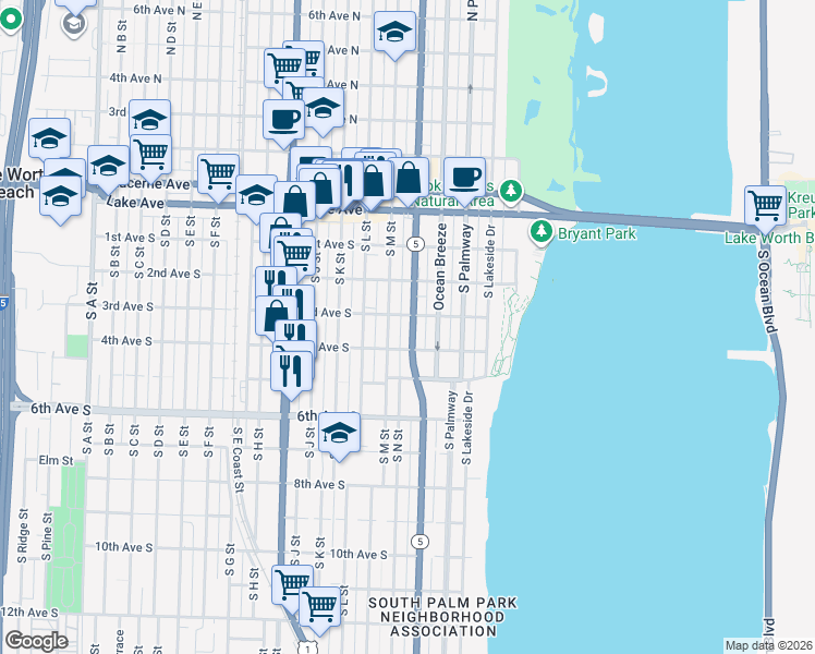 map of restaurants, bars, coffee shops, grocery stores, and more near 318 South M Street in Lake Worth