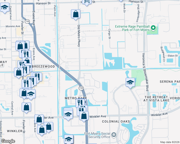map of restaurants, bars, coffee shops, grocery stores, and more near 3644 Pine Oak Circle in Fort Myers