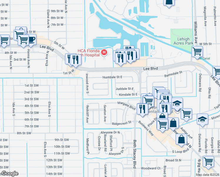map of restaurants, bars, coffee shops, grocery stores, and more near 327 Hazelwood Avenue South in Lehigh Acres