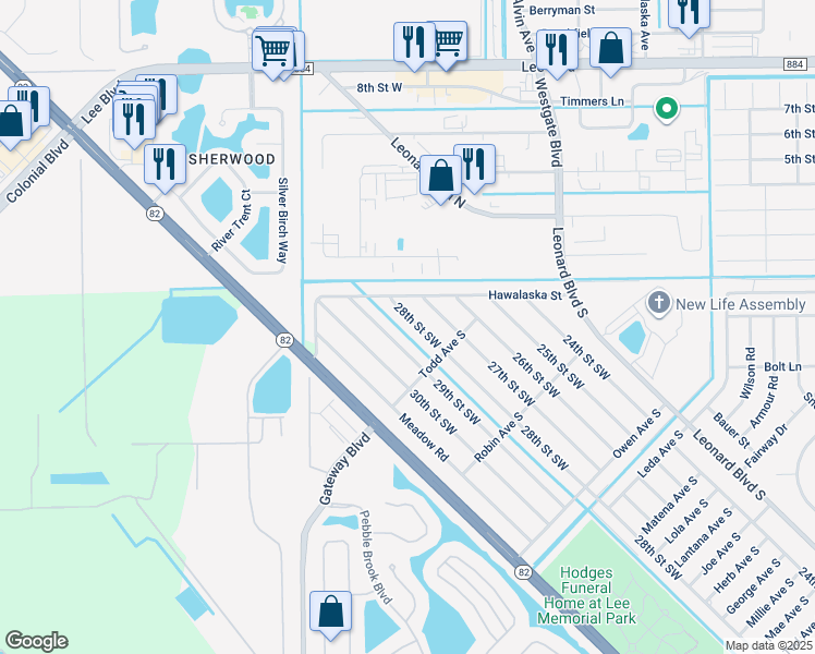 map of restaurants, bars, coffee shops, grocery stores, and more near 5317 28th Street Southwest in Lehigh Acres