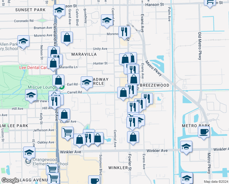map of restaurants, bars, coffee shops, grocery stores, and more near 3572 Central Avenue in Fort Myers