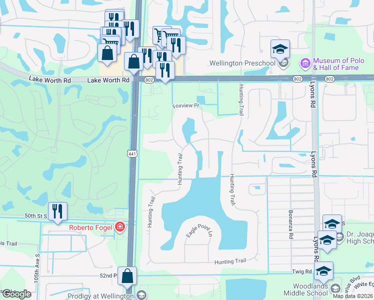 map of restaurants, bars, coffee shops, grocery stores, and more near 4679 Hunting Trail in Lake Worth