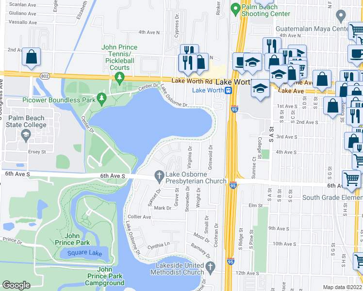 map of restaurants, bars, coffee shops, grocery stores, and more near 18 Sunset Avenue in Lake Worth