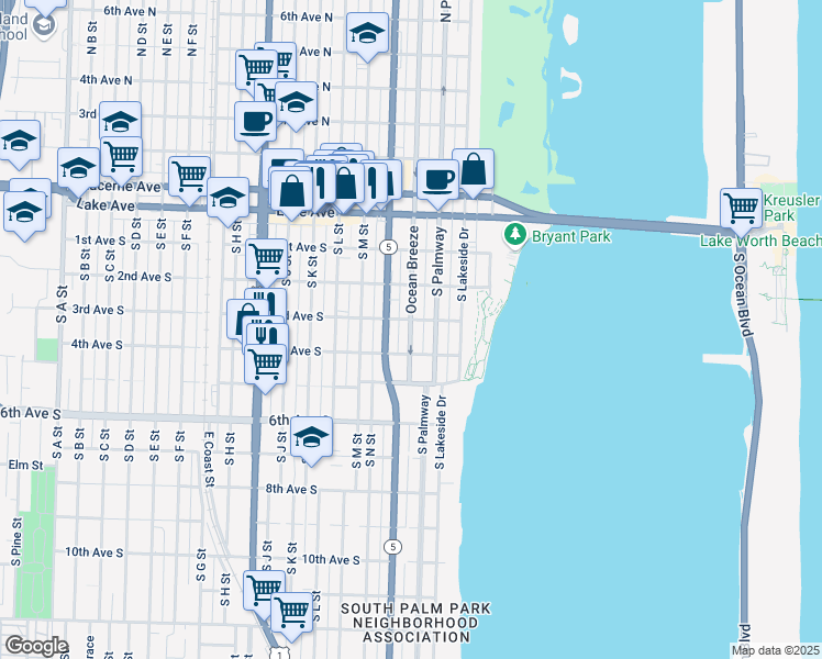 map of restaurants, bars, coffee shops, grocery stores, and more near 313 Ocean Breeze in Lake Worth