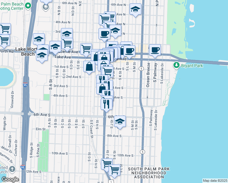 map of restaurants, bars, coffee shops, grocery stores, and more near 317 South J Street in Lake Worth