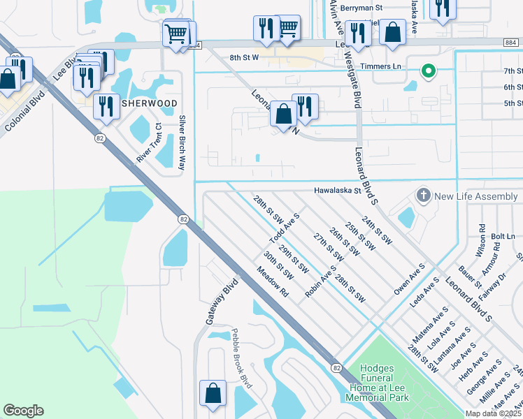 map of restaurants, bars, coffee shops, grocery stores, and more near 5317 28th Street Southwest in Lehigh Acres