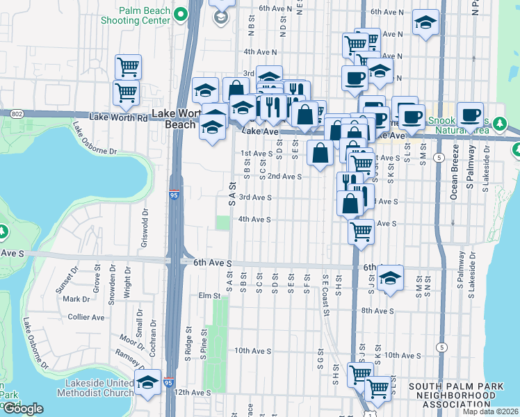map of restaurants, bars, coffee shops, grocery stores, and more near 328 South B Street in Lake Worth