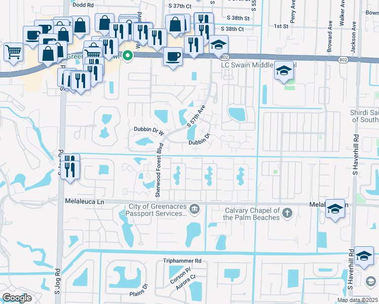 map of restaurants, bars, coffee shops, grocery stores, and more near 1721 17th Lane in Greenacres