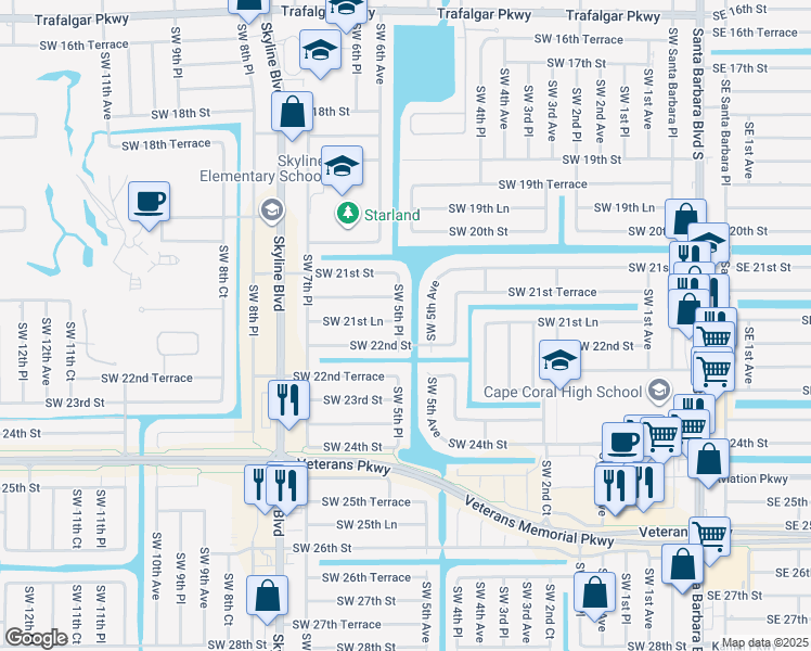 map of restaurants, bars, coffee shops, grocery stores, and more near 2135 Southwest 5th Place in Cape Coral