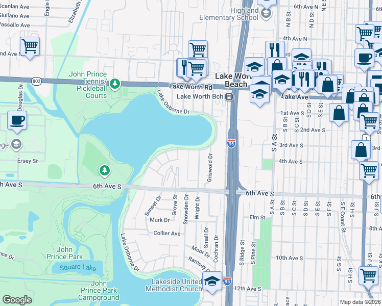 map of restaurants, bars, coffee shops, grocery stores, and more near 416 Wright Drive in Lake Worth