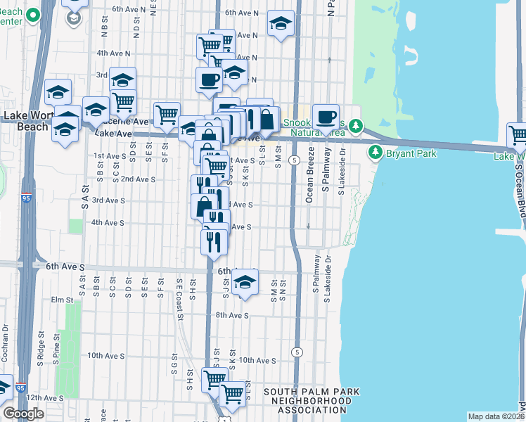 map of restaurants, bars, coffee shops, grocery stores, and more near 320 South K Street in Lake Worth