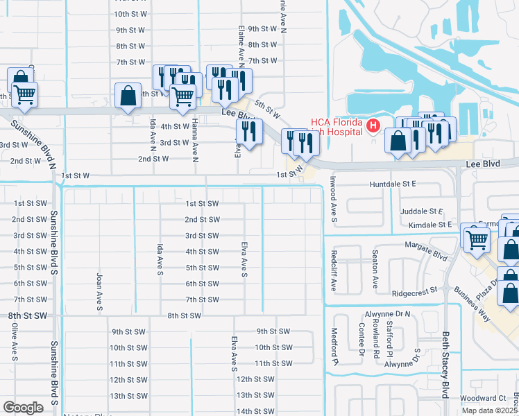 map of restaurants, bars, coffee shops, grocery stores, and more near 2701 1st Street Southwest in Lehigh Acres