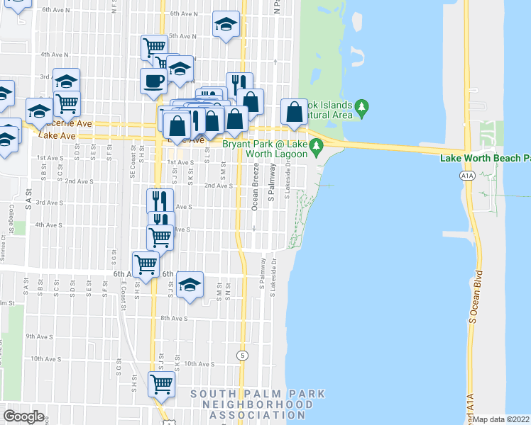 map of restaurants, bars, coffee shops, grocery stores, and more near 314 South Palmway in Lake Worth Beach
