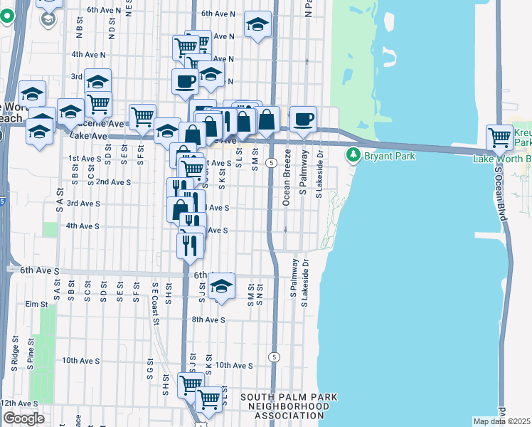 map of restaurants, bars, coffee shops, grocery stores, and more near 318 South M Street in Lake Worth