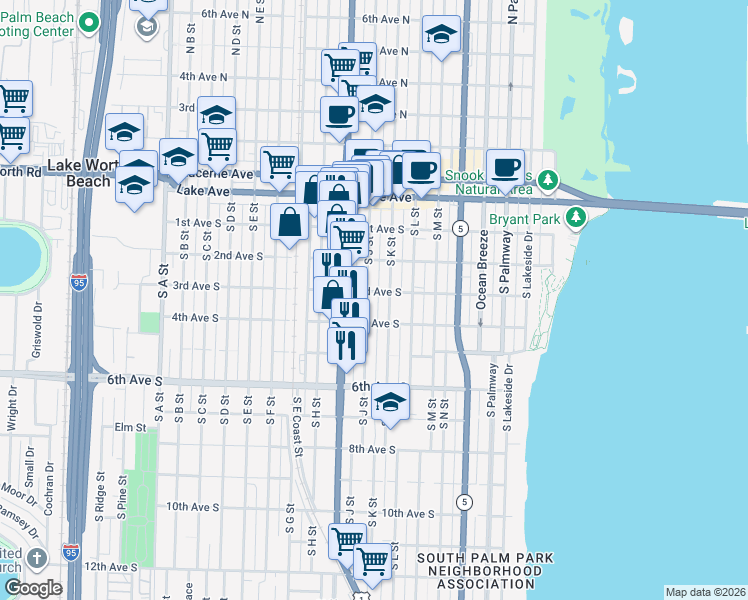 map of restaurants, bars, coffee shops, grocery stores, and more near 317 South J Street in Lake Worth