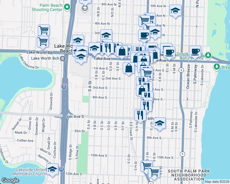 map of restaurants, bars, coffee shops, grocery stores, and more near 323 South F Street in Lake Worth