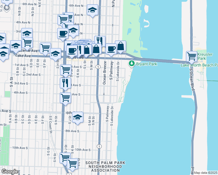 map of restaurants, bars, coffee shops, grocery stores, and more near 314 South Palmway in Lake Worth Beach