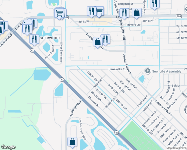 map of restaurants, bars, coffee shops, grocery stores, and more near 5317 28th Street Southwest in Lehigh Acres