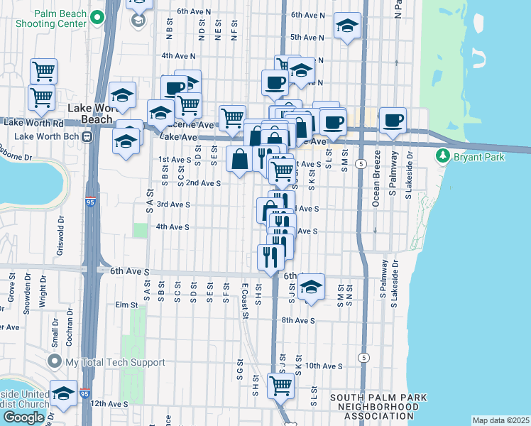 map of restaurants, bars, coffee shops, grocery stores, and more near 326 South H Street in Lake Worth