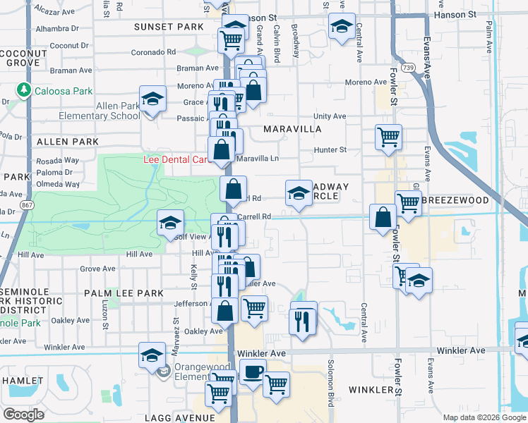map of restaurants, bars, coffee shops, grocery stores, and more near 2045 Carrell Road in Fort Myers