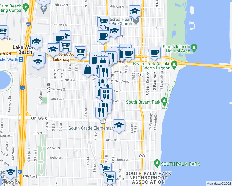map of restaurants, bars, coffee shops, grocery stores, and more near 305 South K Street in Lake Worth