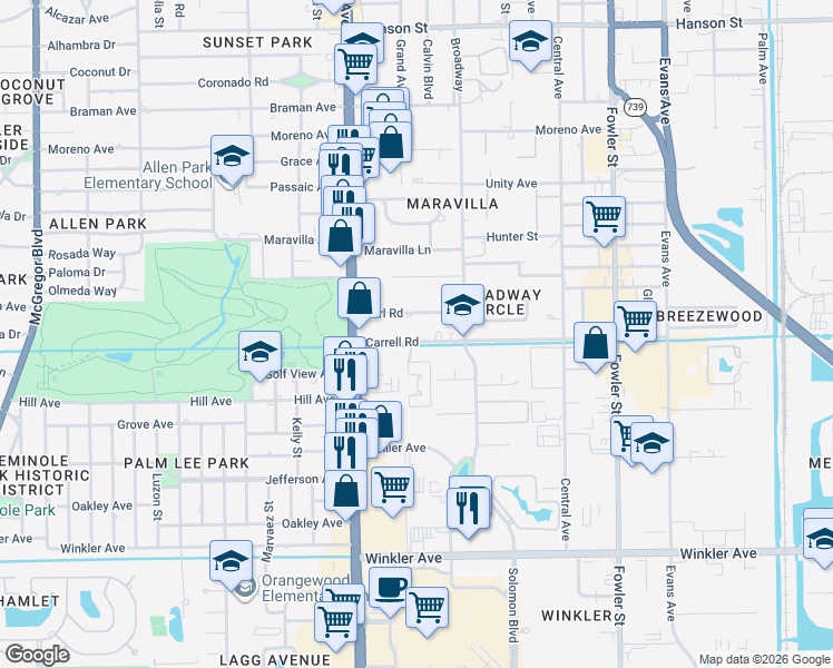 map of restaurants, bars, coffee shops, grocery stores, and more near 2045 Carrell Road in Fort Myers