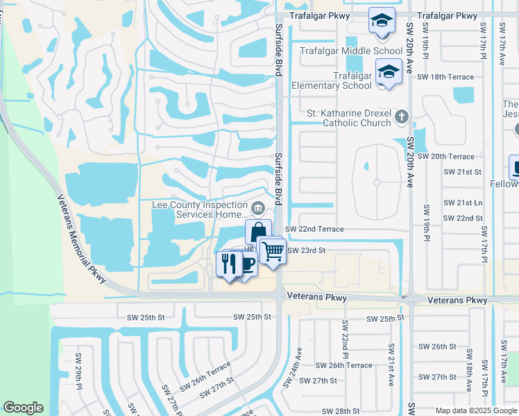 map of restaurants, bars, coffee shops, grocery stores, and more near 2485 Verdmont Court in Cape Coral