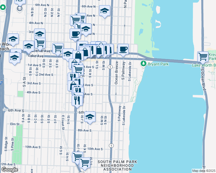 map of restaurants, bars, coffee shops, grocery stores, and more near 318 South M Street in Lake Worth