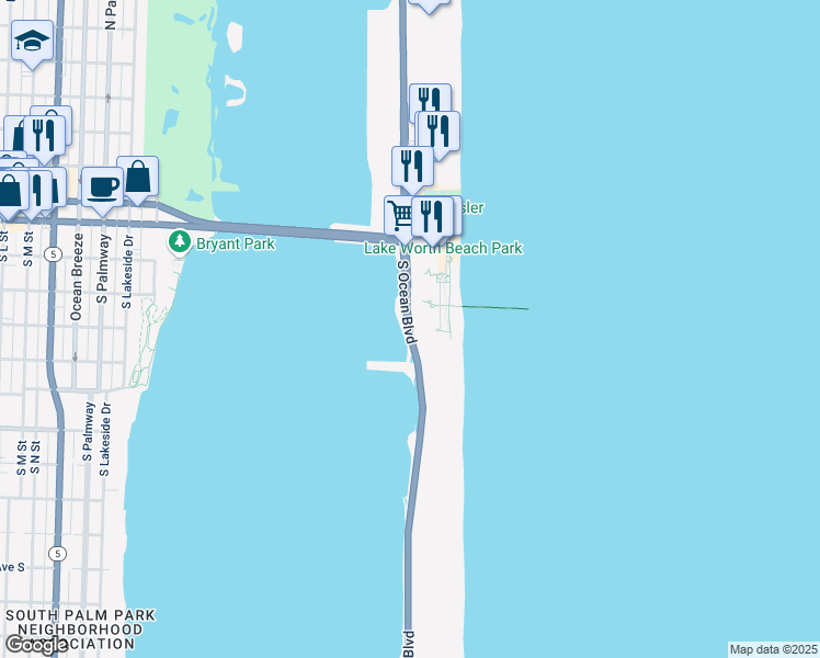 map of restaurants, bars, coffee shops, grocery stores, and more near 3546 South Ocean Boulevard in Palm Beach
