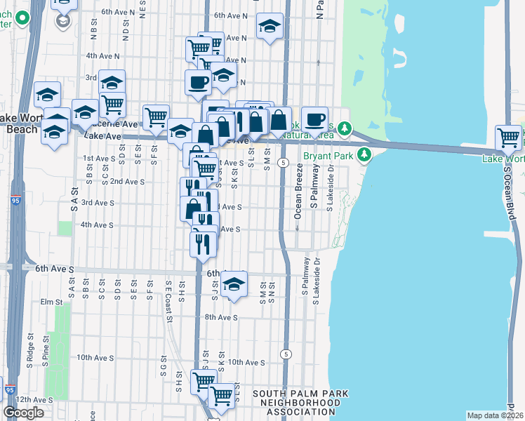 map of restaurants, bars, coffee shops, grocery stores, and more near 318 South M Street in Lake Worth