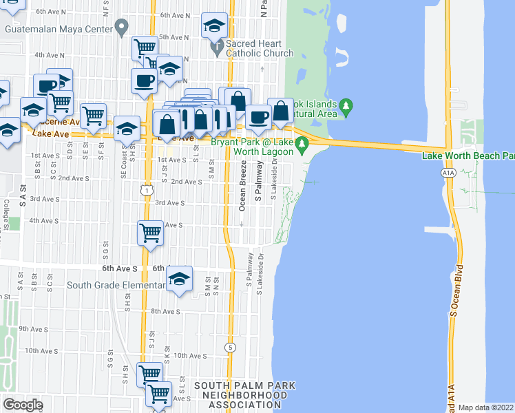 map of restaurants, bars, coffee shops, grocery stores, and more near South Palmway & 3rd Avenue South in Lake Worth