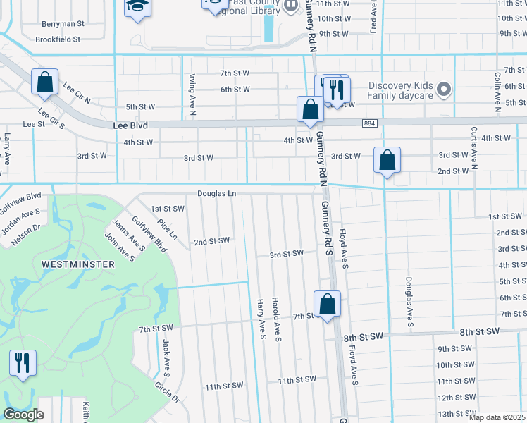 map of restaurants, bars, coffee shops, grocery stores, and more near 117 Harry Avenue South in Lehigh Acres