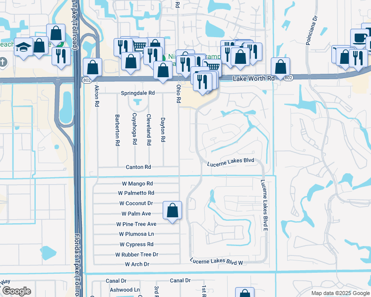 map of restaurants, bars, coffee shops, grocery stores, and more near 125 Ohio Road in Lake Worth