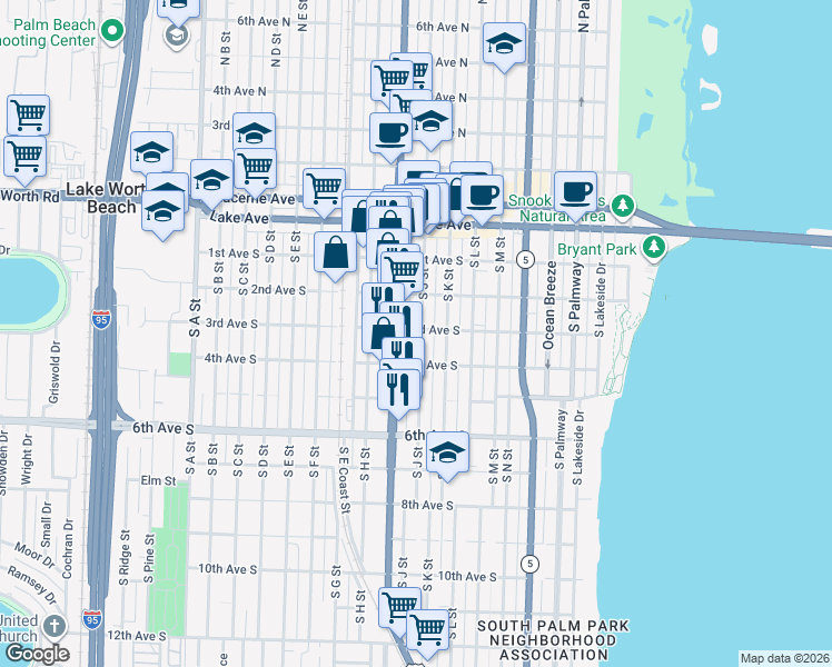 map of restaurants, bars, coffee shops, grocery stores, and more near 317 South J Street in Lake Worth