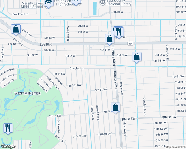 map of restaurants, bars, coffee shops, grocery stores, and more near 117 Harry Avenue South in Lehigh Acres