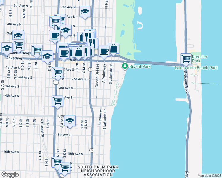 map of restaurants, bars, coffee shops, grocery stores, and more near 314 South Lakeside Drive in Lake Worth