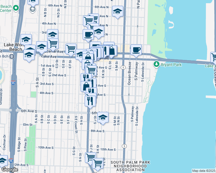 map of restaurants, bars, coffee shops, grocery stores, and more near 320 South K Street in Lake Worth