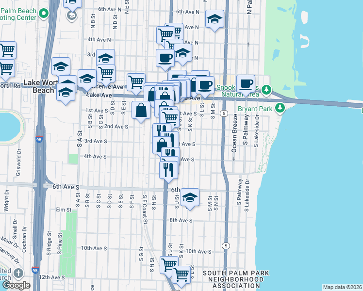 map of restaurants, bars, coffee shops, grocery stores, and more near 317 South J Street in Lake Worth