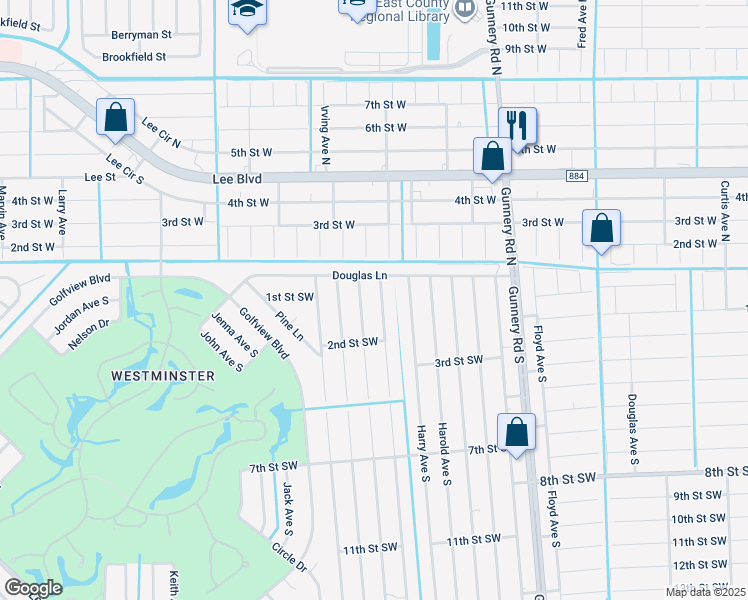 map of restaurants, bars, coffee shops, grocery stores, and more near 121 Hightower Avenue South in Lehigh Acres