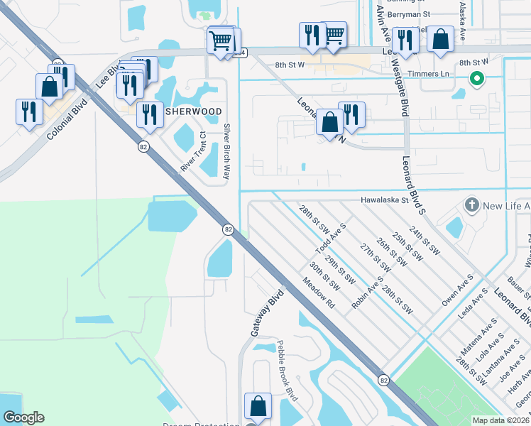 map of restaurants, bars, coffee shops, grocery stores, and more near 5348 30th Street Southwest in Lehigh Acres