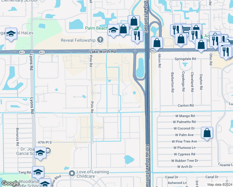map of restaurants, bars, coffee shops, grocery stores, and more near 4603 San Fratello Circle in Lake Worth