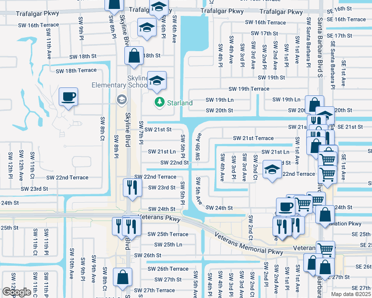 map of restaurants, bars, coffee shops, grocery stores, and more near 2129 Southwest 5th Place in Cape Coral