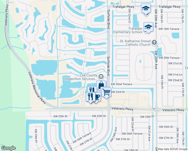map of restaurants, bars, coffee shops, grocery stores, and more near 2534 Blackburn Circle in Cape Coral