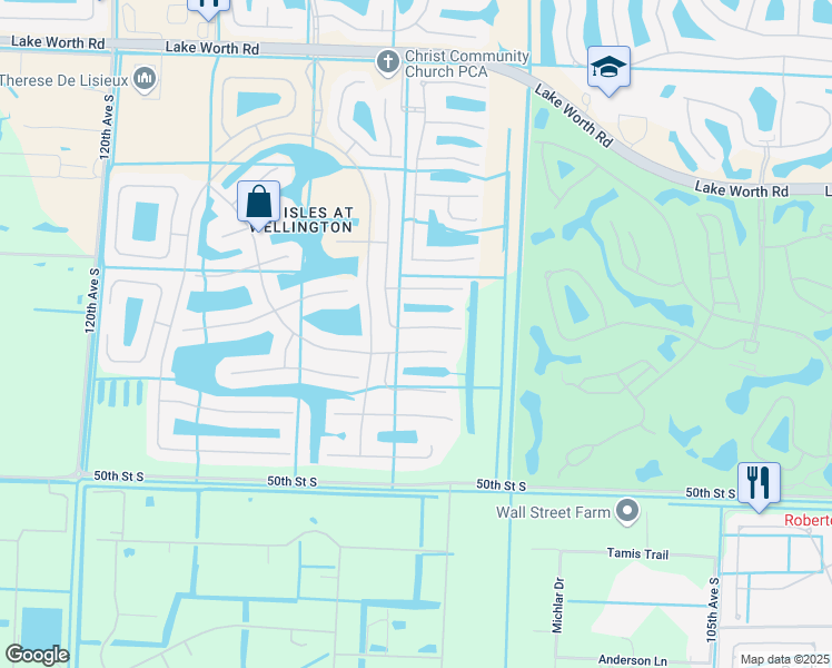 map of restaurants, bars, coffee shops, grocery stores, and more near 11184 Manderly Lane in Wellington