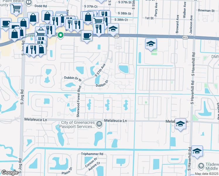 map of restaurants, bars, coffee shops, grocery stores, and more near 1618 16th Lane in Greenacres