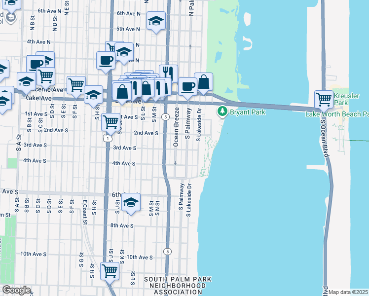 map of restaurants, bars, coffee shops, grocery stores, and more near 314 South Palmway in Lake Worth