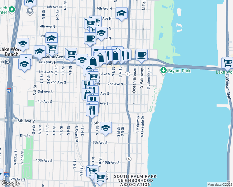 map of restaurants, bars, coffee shops, grocery stores, and more near 318 South M Street in Lake Worth