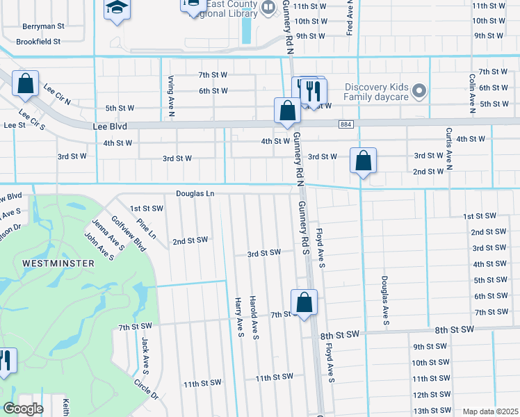 map of restaurants, bars, coffee shops, grocery stores, and more near 118 Gordon Avenue South in Lehigh Acres