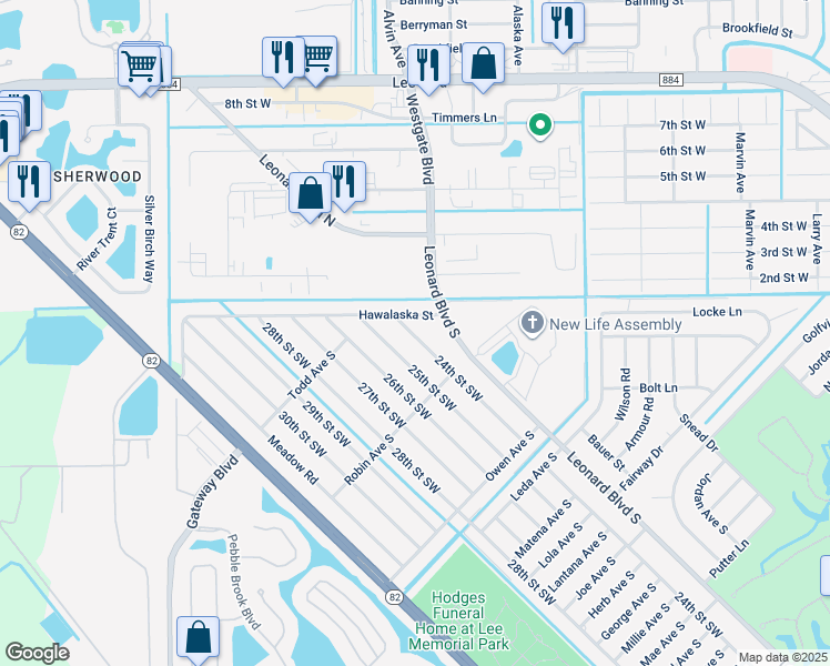 map of restaurants, bars, coffee shops, grocery stores, and more near 5227 25th Street Southwest in Lehigh Acres