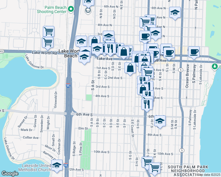 map of restaurants, bars, coffee shops, grocery stores, and more near 303 South D Street in Lake Worth Beach